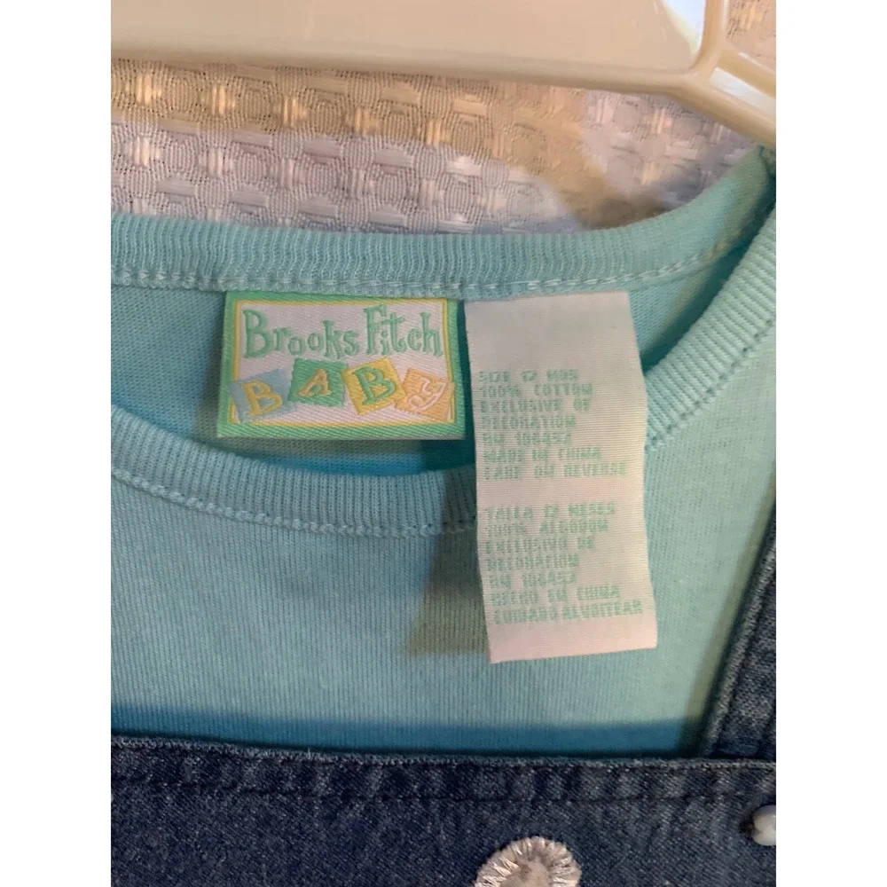 Brooks Fitch Baby Girls 12M Denim Floral Overalls &‎ Mint T-Shirt 2pc Set NWT